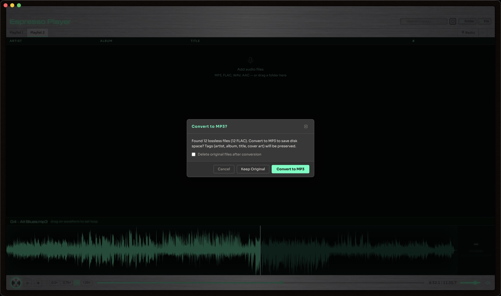 Convert to MP3 confirmation dialog