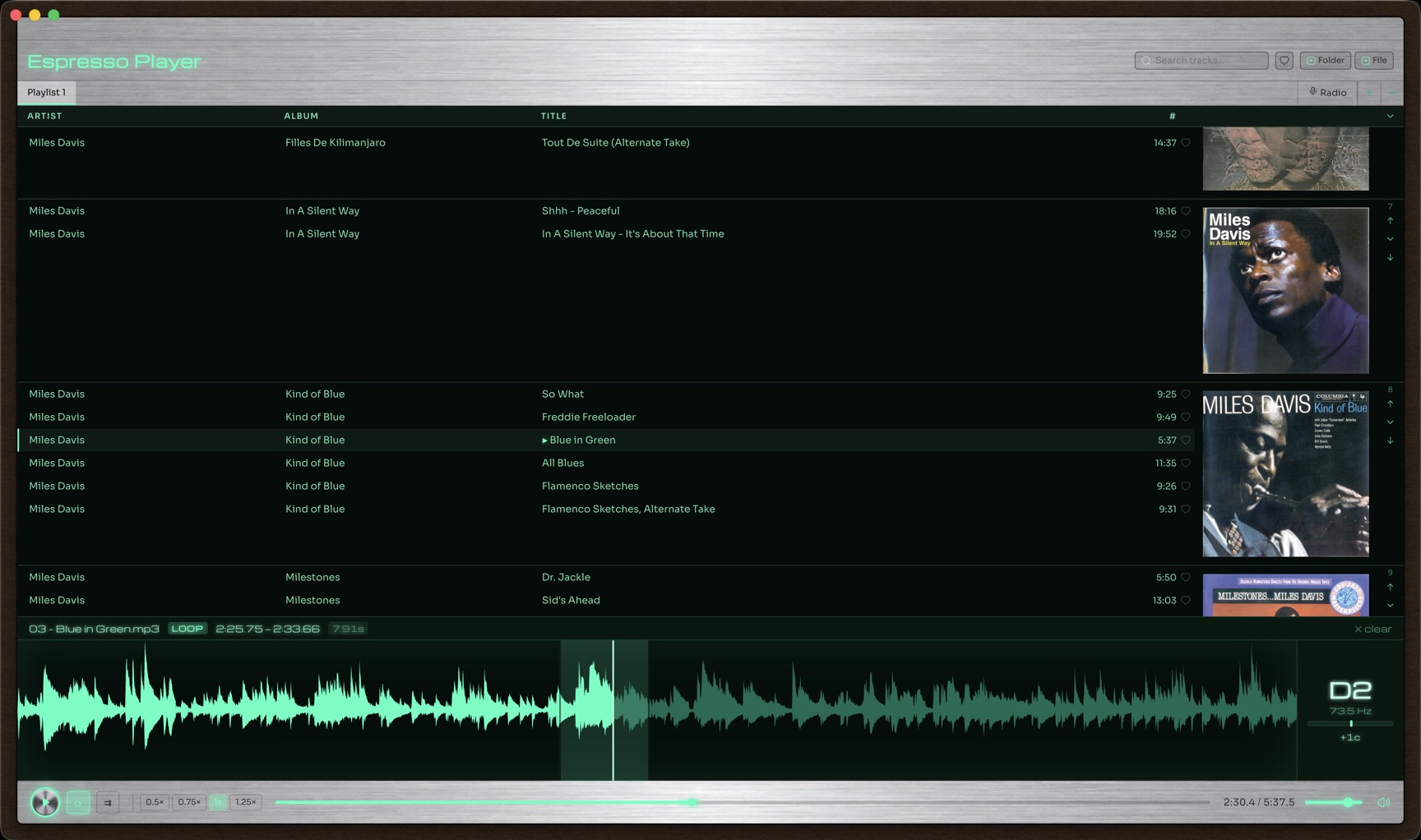 Loop region selected on the waveform with a live pitch tuner readout