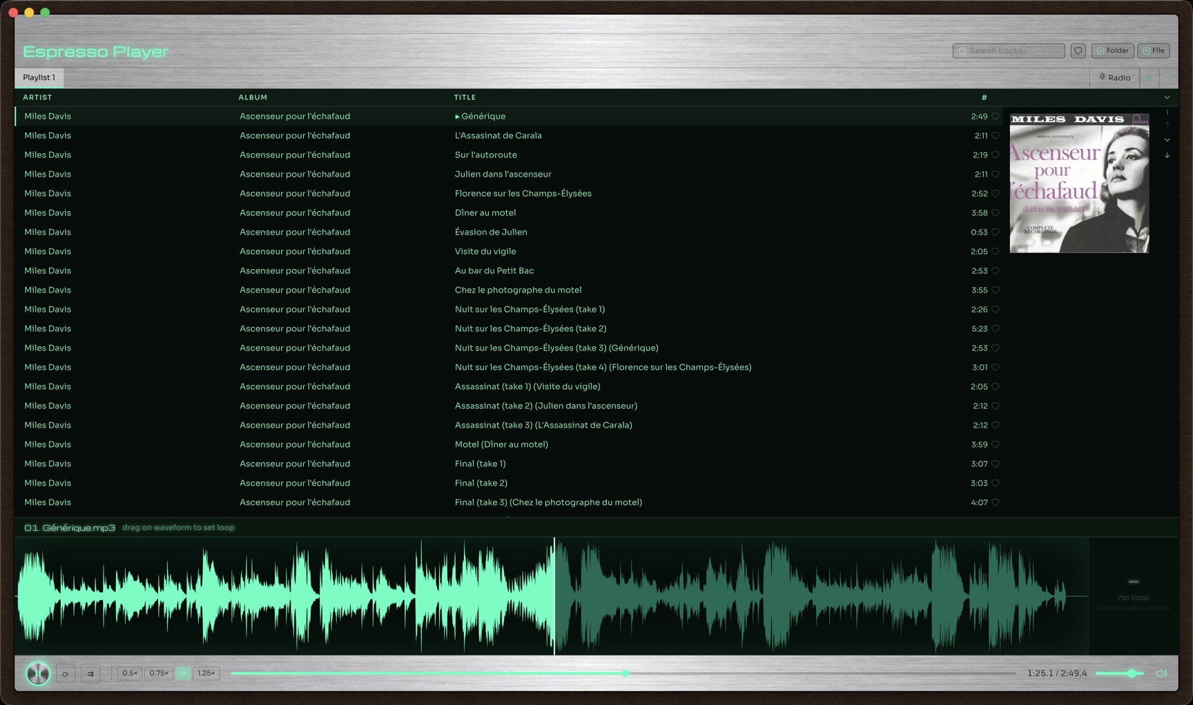 Espresso Player showing a playlist with album art and the waveform editor