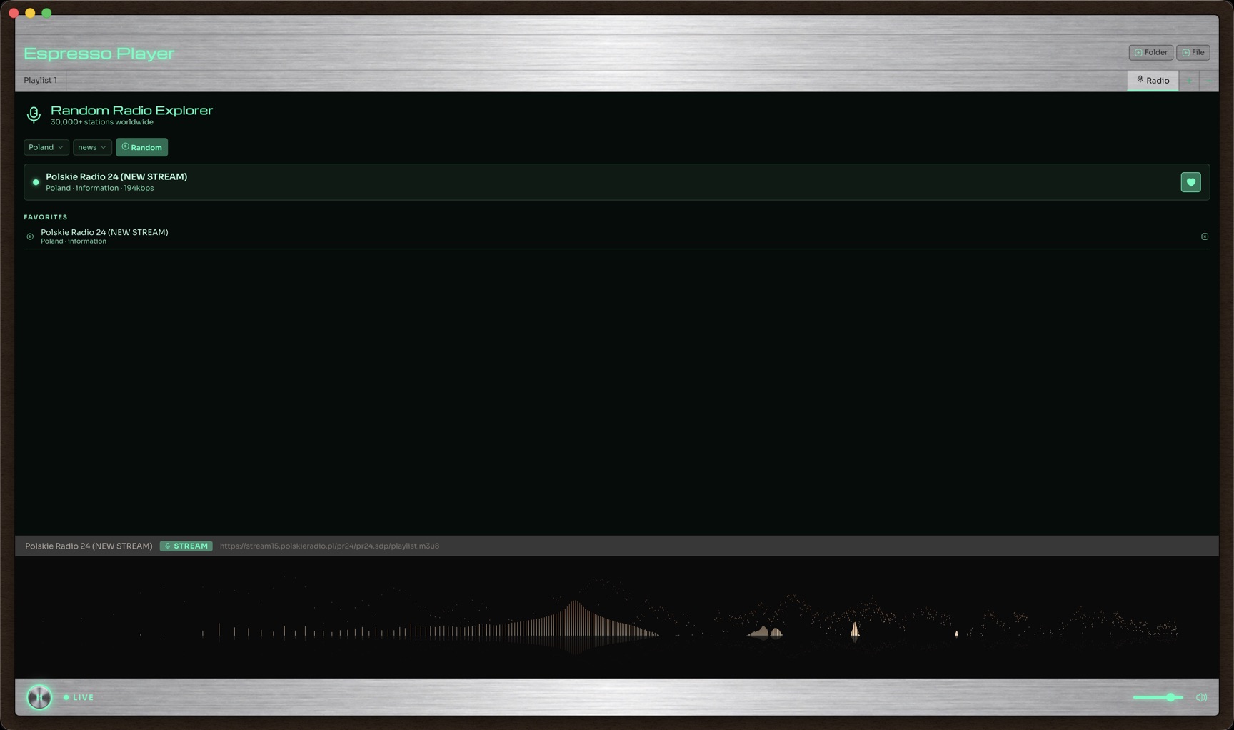 Internet radio browser with a live spectrum visualizer